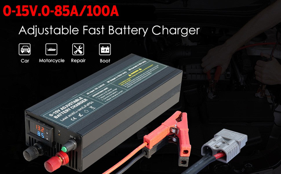 100A 60a 85A 12v Smart Battery Charger 30A 20A Fast Charger with Adjustable Current 100V-240V for Lifepo4 Lithium Battery