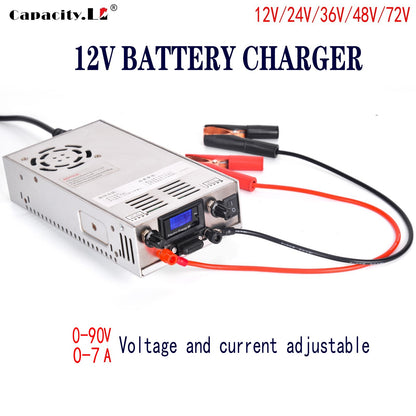 12V 24V 36V 48V Lifepo4 Charger 12V 72V 84V Lithium Battery Charger 0-90V 7A Adjustable Voltage and Current Battery Adapter