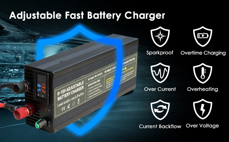 100A 60a 85A 12v Smart Battery Charger 30A 20A Fast Charger with Adjustable Current 100V-240V for Lifepo4 Lithium Battery