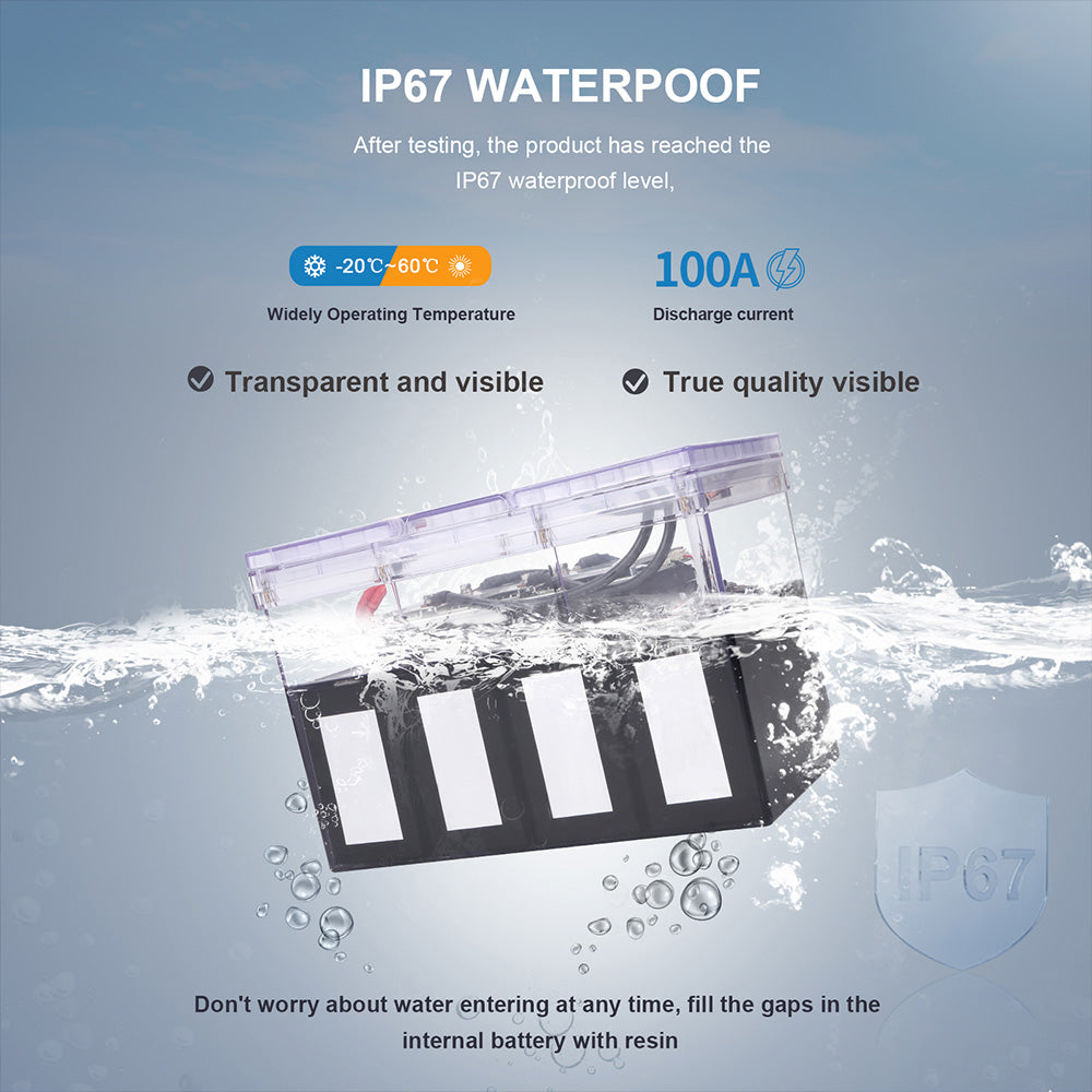 12V 100Ah Larger Capacity LiFePO4 Battery Portable IP67 Waterproof Transparent Optical Plastic Box Battery With BMS for Outdoor