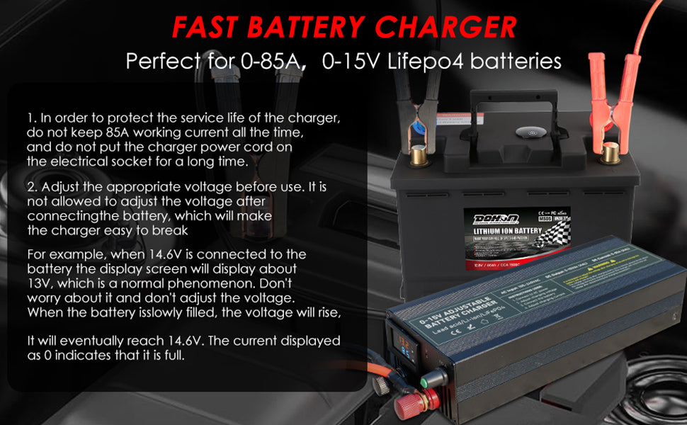 100A 60a 85A 12v Smart Battery Charger 30A 20A Fast Charger with Adjustable Current 100V-240V for Lifepo4 Lithium Battery