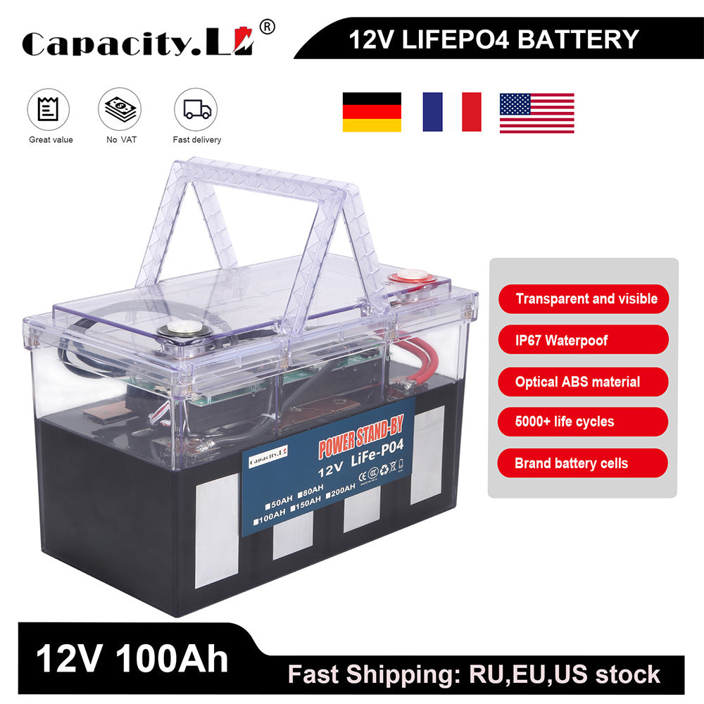 12V 100Ah Larger Capacity LiFePO4 Battery Portable IP67 Waterproof Transparent Optical Plastic Box Battery With BMS for Outdoor