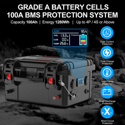 4S1P 12.8V 100Ah/120Ah/200Ah With Bluetooth Lifepo4 Battery Pack Rechargeable Solar Battery 12V With PD BMS for RV Boat Motor Outdoor Inverter Support Solar Energy MPPT