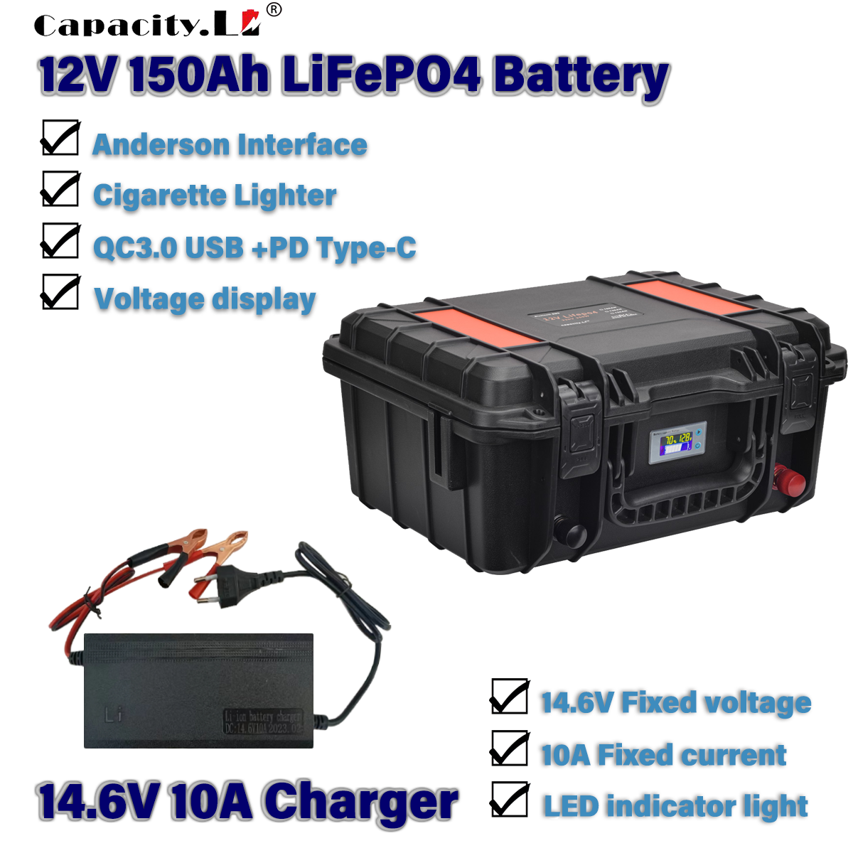 12.8V 100Ah 120Ah 150Ah Large Capacity LiFePO4 Battery Packs BMS Waterproof Suitcase Battery for Outdoor Power Supply 12V DC Output