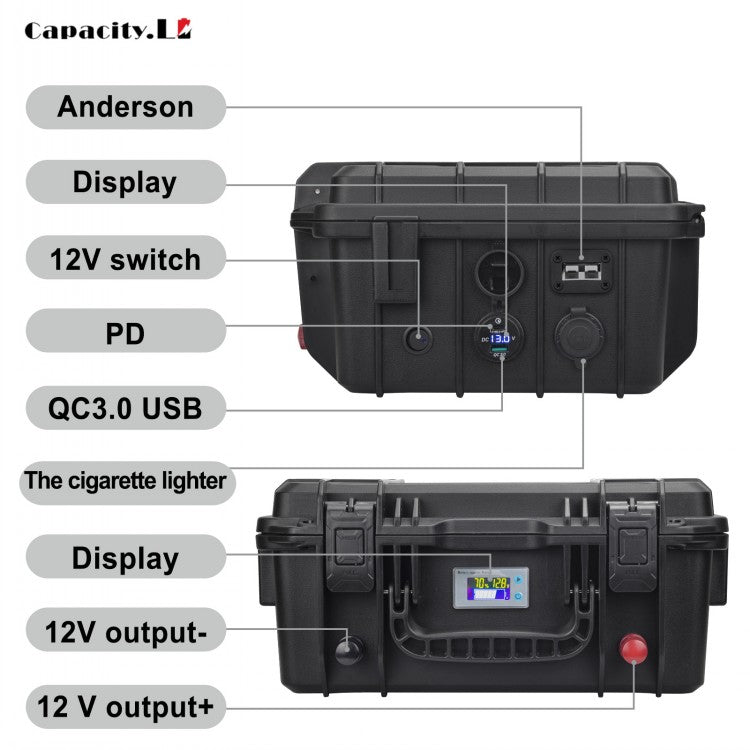 12.8V 100Ah 120Ah 150Ah Large Capacity LiFePO4 Battery Packs BMS Waterproof Suitcase Battery for Outdoor Power Supply 12V DC Output