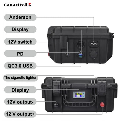 12.8V 100Ah 120Ah 150Ah Large Capacity LiFePO4 Battery Packs BMS Waterproof Suitcase Battery for Outdoor Power Supply 12V DC Output
